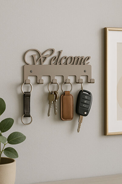 LUNOART Welcome Yazılı Metal Anahtarlık Askısı (Vizon Renk) | Duvar Tipi Şık Anahtar Düzenleyici
