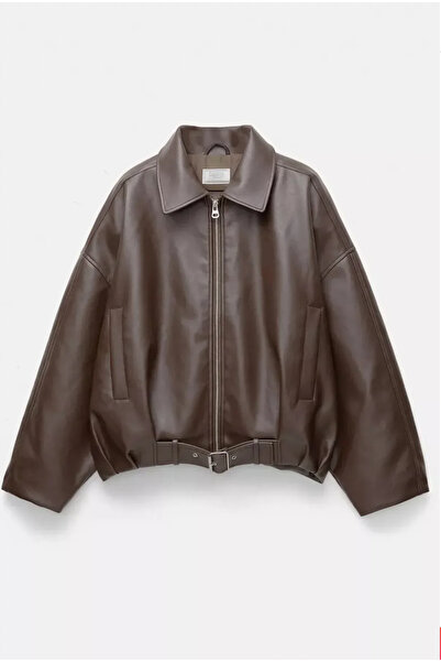 Ekim Store سترة جلدية بومبر كبيرة الحجم مع حزام