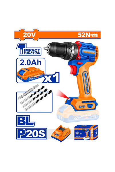 WADFOW 20V 52Nm Cordless Drill with Battery and Charger (Brushless) - WADFOW WCDP5282 (Product includes charger and one battery)