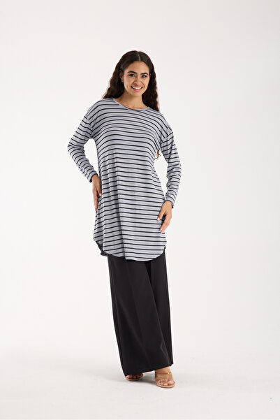 MODA VUSLAT Women's Gray Striped Long Sleeve Tunic