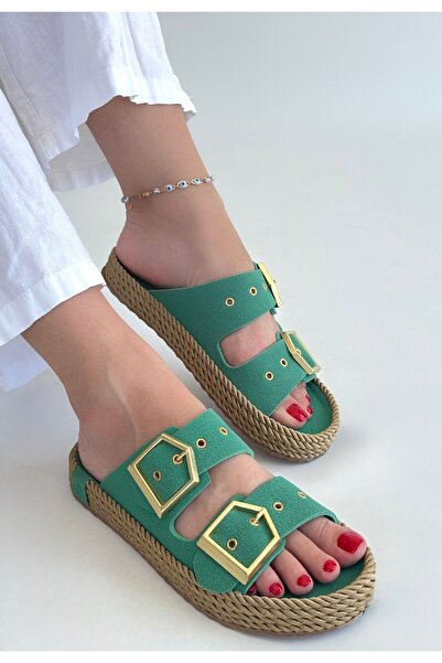 alfaze Straw Sole Buckle Slippers Nubuck Green Heel Height 1 cm