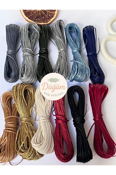 Düğüm Hobi Atölyesi 5 Metre 12 Renk 1 Mm Simli-Simsiz Karışık 60 METRE Mumlu İp Kolye Takı Deri Dikiş Bileklik İpi