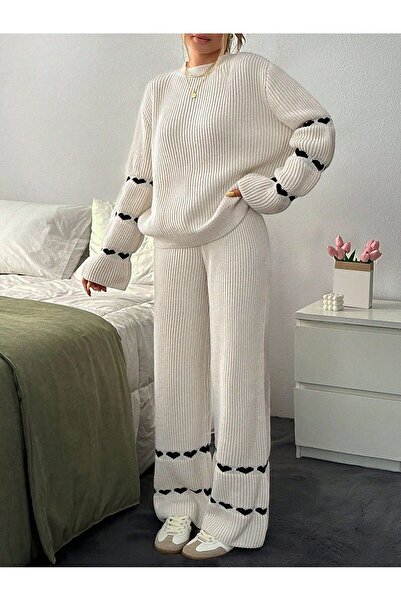 GALAVİP Women's Knitwear Double Set Casual Sweater ↬   Pants→ Hearted Knitwear Set