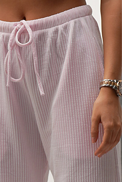 Sun Victoria Γυναικείο χειμερινό ροζ παντελόνι υψηλής ποιότητας με ρυθμιζόμενη μέση, ριγέ τσέπες και φαρδύ πόδι