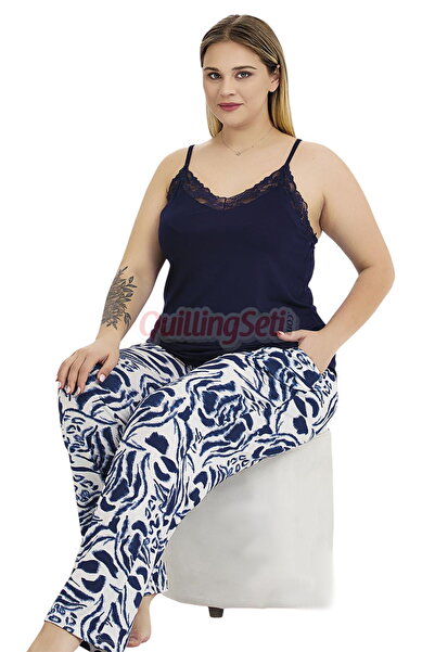 quilling Navy Blue Color and Patterned 11018 Strap Sleeve Women's Plus Size Mom Pajamas Set