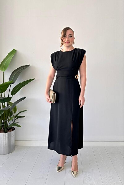 MaziButik Single Buckle Slit Dress Black