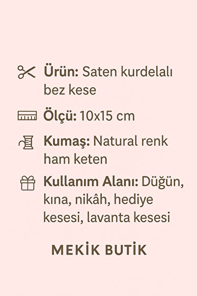 MEKİK BUTİK 10 adet 10x15 BEYAZ saten kurdelalı bez kese - hediye kesesi - lavanta kesesi - bez poşet