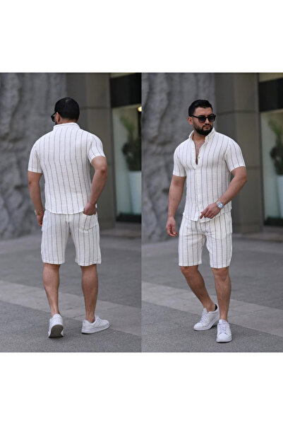 ATKGİYİM MüslümErkek Yazlık Kısa Kollu Gömlek & Şort Takım – Çizgili Desen, Slim Fit, Rahat Kombin