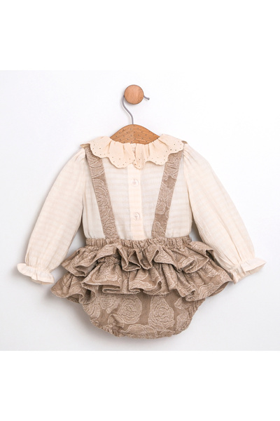 ministok Rosana Baby Girl Floral Patterned Ruffle Salopet Set - with Long Sleeve Shirt