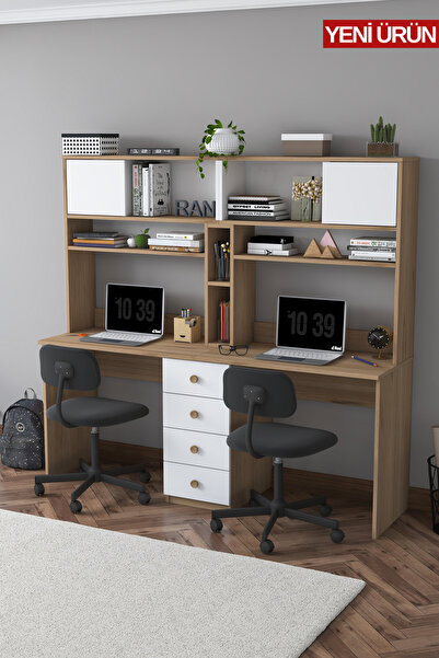 Rani Mobilya Rani HA130 İki Kişilik Raflı 2 Kapaklı Çekmeceli Çalışma Ofis Bilgisayar Masası Sepet Ceviz - Beyaz