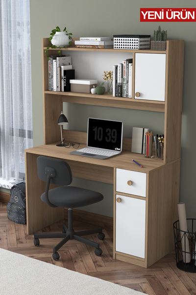 Rani Mobilya Rani HA127 Kitaplıklı Raflı 2 Kapaklı 1 Çekmeceli Çalışma Ofis Bilgisayar Masası Sepet Ceviz - Beyaz