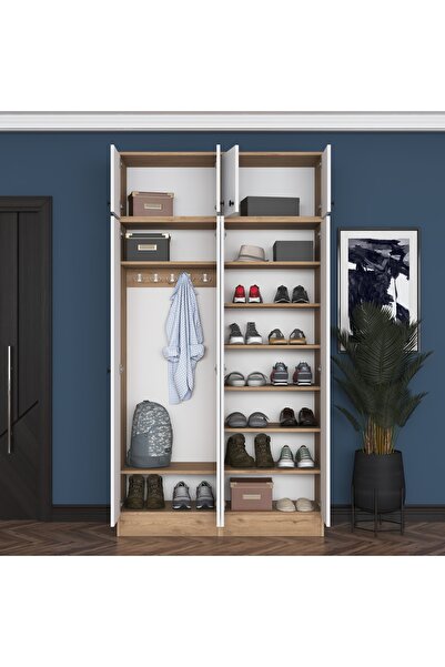 Rani Mobilya Rani EA146 Modern Portmanto 8 Kapaklı Raflı Askılı Ayakkabılık Vestiyer Sepet Ceviz - Beyaz