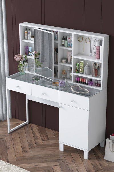 Rani Mobilya Rani BJ138 Aynalı Kapaklı Çekmeceli Makyaj Masası Kancalı Takı D...