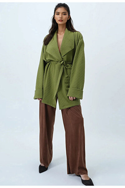 Trend Alaçatı Stili Women's Green Shawl Collar Self Textured Belted Long Jacket Alc-X14481