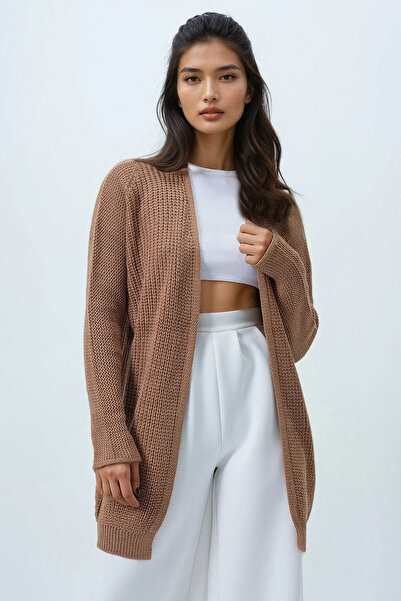 Trend Alaçatı Stili Дамски дълъг базов кардиган Biscuit Thessaloniki Knit Alc-X14442