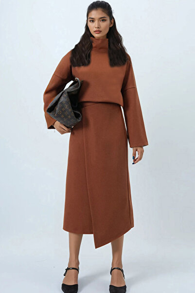 Trend Alaçatı Stili Women's Cinnamon Brown Stand Collar Wide Cut Blouse and Asymmetric Wrap Midi Skirt Kaşmi Takm Alc-X14443