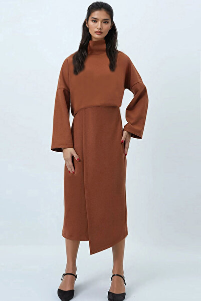Trend Alaçatı Stili Women's Cinnamon Brown Stand Collar Wide Cut Blouse and Asymmetric Wrap Midi Skirt Kaşmi Takm Alc-X14443