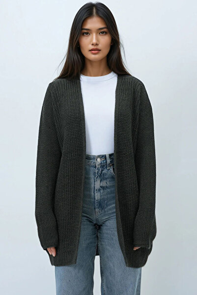 Trend Alaçatı Stili Frauen Olivgrüner Thessaloniki-Strick-Long-Basic-Cardigan Alc-X14442