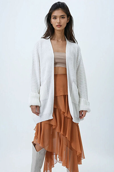 Trend Alaçatı Stili Women's Ecru Double Pocket Double Sleeve Thessaloniki Knitted Long Knitwear Cardigan Alc-X14439