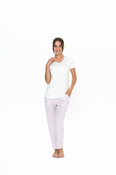 U.S. Polo Assn. Pijama Dama Set Tricou Ecru Si Pantaloni Lungi