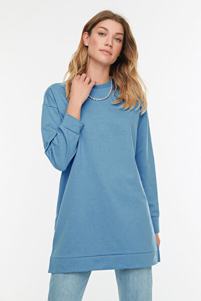 Trendyol Modest Modrá, základní pletená mikina s výstřihem na krku TCTAW22TW0138