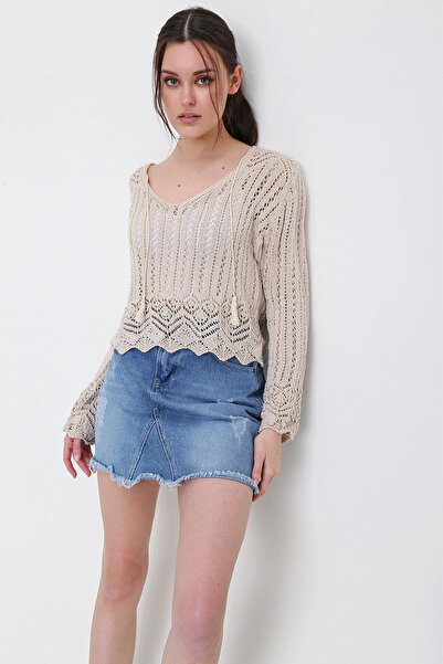 VAGGON Γυναικεία μπλούζα με διάτρητο εποχιακό πλεκτό μπεζ με λαιμόκοψη σε σχήμα V Esq0010 Esq0010