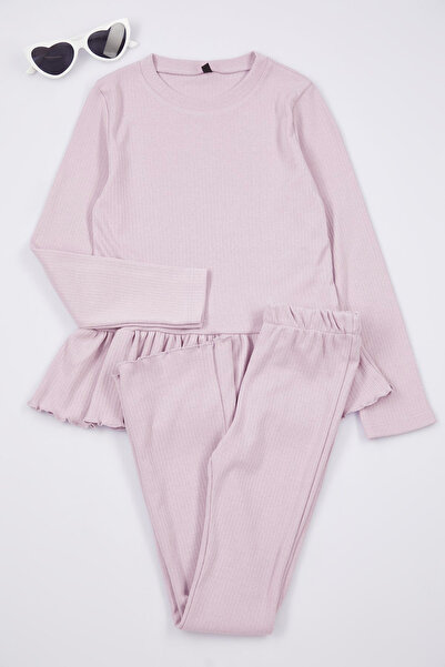 TRENDYOLKIDS Lila lányok pamut Basic kötött pulóver tréningruha alsó felső szett TKDAW25AU00051