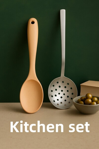 Metler Stainless Perforated Spatula + Wooden Spoon Set |   Ergonomic, Durable...