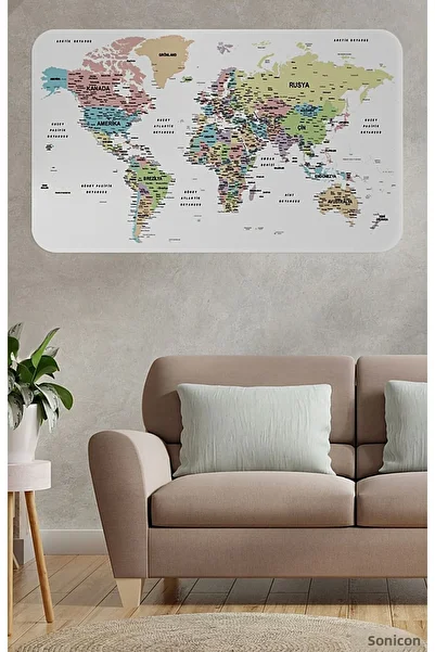 SONİKON LİNE Turkish Educational Country Capital Detailed World Map Wall Sticker, Decorative, 3850