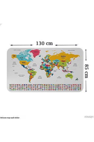 SONİKON LİNE Educational Capital Detailed World Map Wall Sticker with Turkish Country Flags, Decorative, 3834