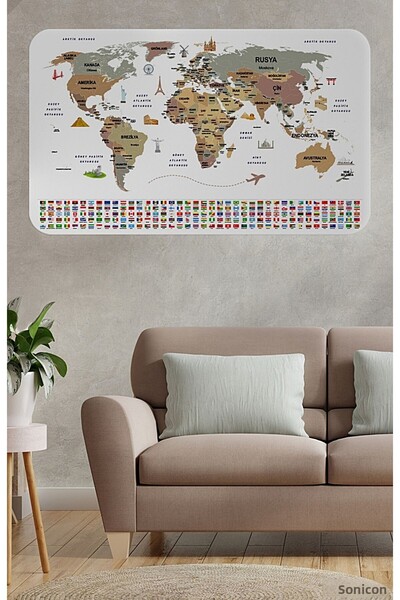 SONİKON LİNE Educational Capital Detailed World Map Wall Sticker with Turkish Country Flags, Decorative, 3862