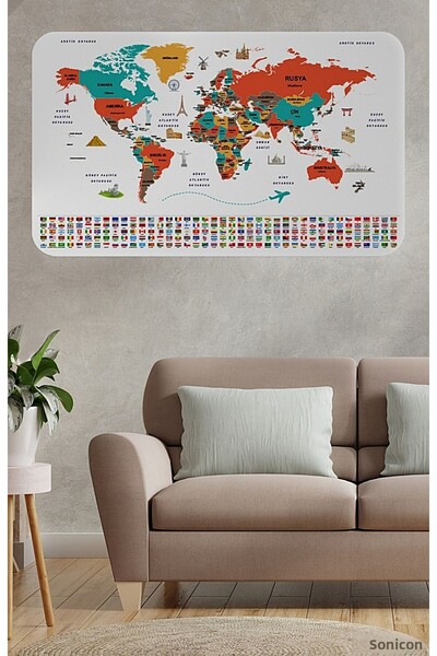 SONİKON LİNE Educational Capital Detailed World Map Wall Sticker with Turkish Country Flags, Decorative, 3858