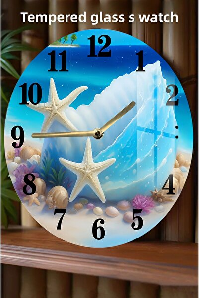 kutuTR ساعة من الزجاج المقسى بتصميم ثلاثي الأبعاد مع صدف ونجم البحر - 33 سم CSDW368