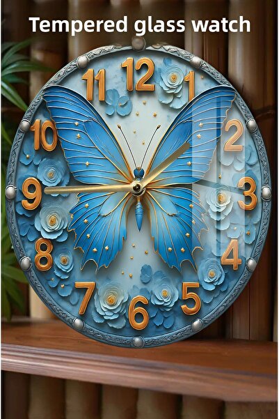kutuTR ساعة من الزجاج المقوى بتصميم ثلاثي الأبعاد مع فراشة زرقاء وزهور - 33 سم CSDW377