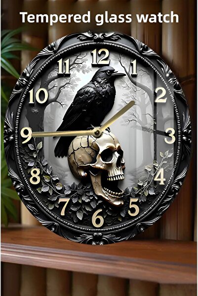 kutuTR ساعة من الزجاج المقسى بمظهر ثلاثي الأبعاد مع شكل الغراب والجثة المجففة - 33 سم CSDW381