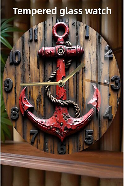 kutuTR ساعة زجاجية بنمط مرساة ثلاثية الأبعاد من الزجاج المقوى - 33 سم CSDW383