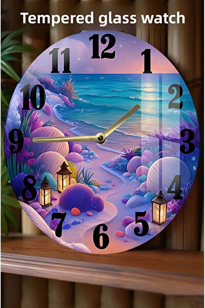 kutuTR Sea Breeze to Decoration: Seaside Themed 3D Look Tempered Glass Clock – 33 cm Csdw399