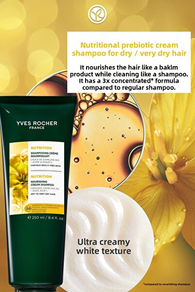 Yves Rocher Nourishing Prebiotic Cream Shampoo-Dry Very Dry Hair/Nutrition-Free of Sls&Sles,Vegan-250Ml