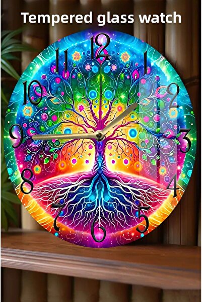kutuTR ساعة من الزجاج المقوى بتصميم شجرة الحياة الملونة ثلاثية الأبعاد - 33 سم CSDW432