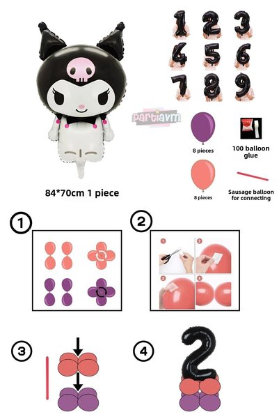 PARTİAVM Kuromi 7 Year Old Birthday Balloon Set with Figure Black Number Pink Purple Pastel Balloon Video Included Easy Installation