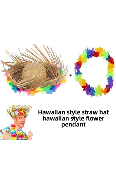 İstangül Butik Hawaiian Style Set - Tropical Floral Straw Hat and Floral Hawaiian Necklace