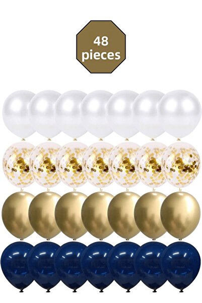 Bunloon مجموعة بالونات نايت بلو جولد وايت 48 قطعة - باستيل، ميتاليك، كروم، شفاف