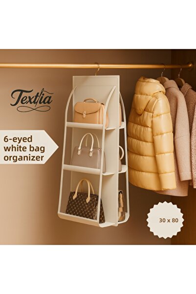 Textia Home White 6-Pocket Hanging Bag Organizer for Inside the Closet - Bag and Shoe Organizer - 6-Eyelet Bag Hanger