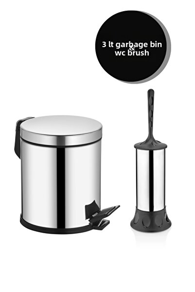 Beray 2-Piece Bathroom Set Stainless Pedal Metal 3 Lt Trash Can Wc Toilet Bowl Toilet Brush Set Bathroom Trash Can