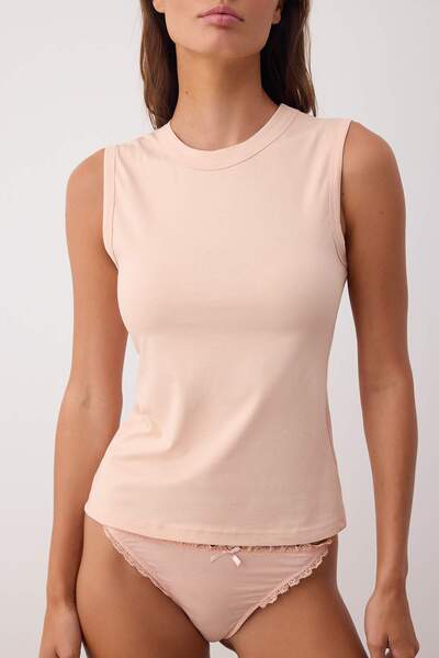 Trendyol Collection Ciemnobeżowa bawełniana dzianinowa podkoszulka z wysokim kołnierzem THMAW25AL00000