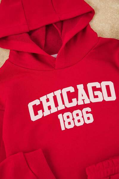 TRENDYOLKIDS Red*001 Hanorac unisex din bumbac cu imprimeu cu slogan, fund tricotat obișnuit - Set de sus TKDAW26AU00003