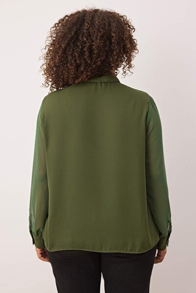 Trendyol Curve Khaki Long Sleeve Button Chiffon Woven Plus Size Shirt Tbbaw23Ax00004