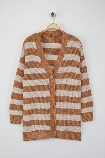Trendyol Modest Striped Beige Buttoned V-Neck Knitwear Cardigan Tctaw22Hi0397