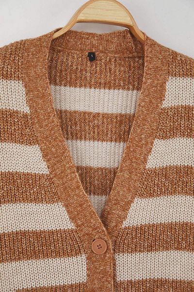Trendyol Modest Striped Beige Buttoned V-Neck Knitwear Cardigan Tctaw22Hi0397