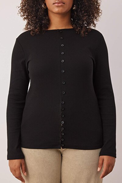 Trendyol Curve Μαύρο κουμπί με λεπτομέρεια Crew λαιμόκοψη Εύκαμπτο κανονικό μήκος πλεκτή μπλούζα μεγάλου μεγέθους TBBAW26AF00028